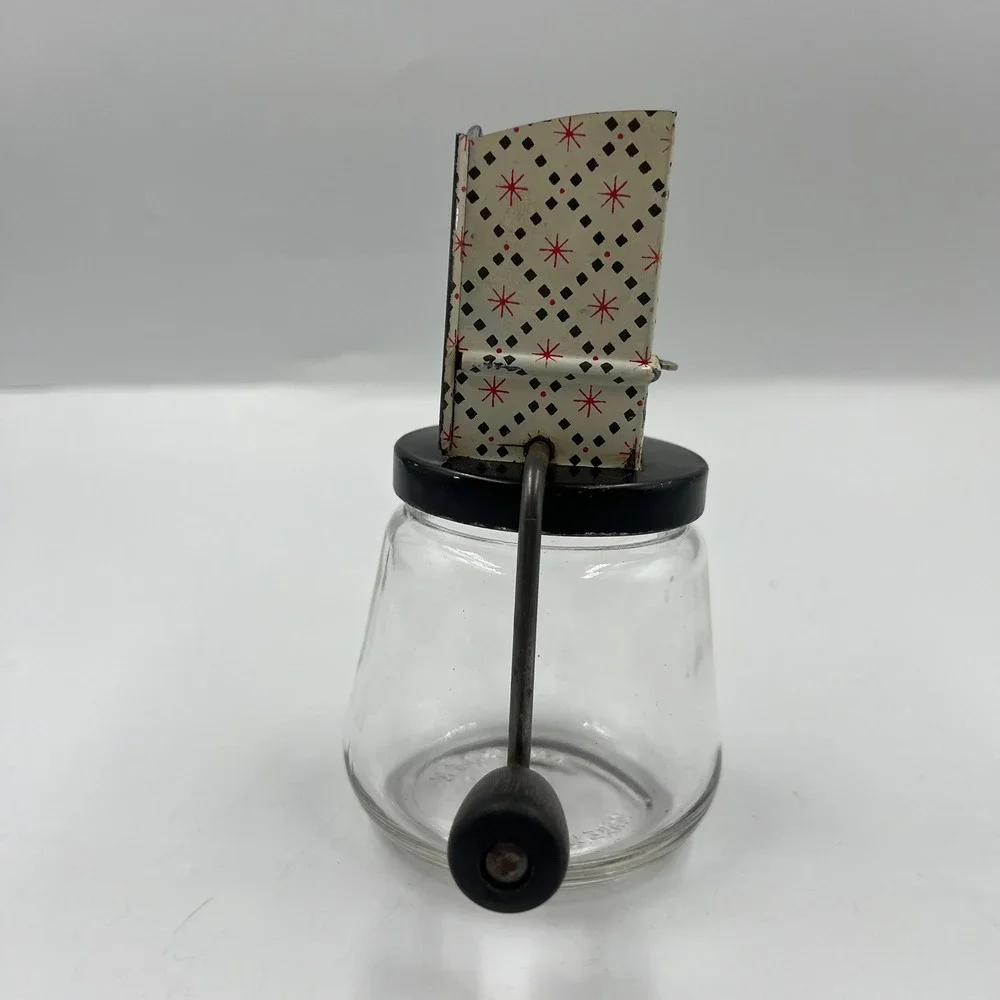 Vintage Androck Nut Chopper Glass Jar Hand Crank Metal Starburst Pattern USA